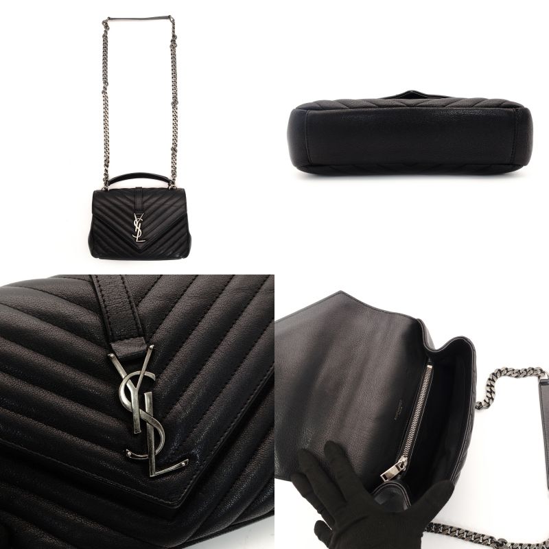 Saint Laurent YSL College Chain Shoulder Bag Black Leather Logo 2-Way Silver Hardware 7-8-375