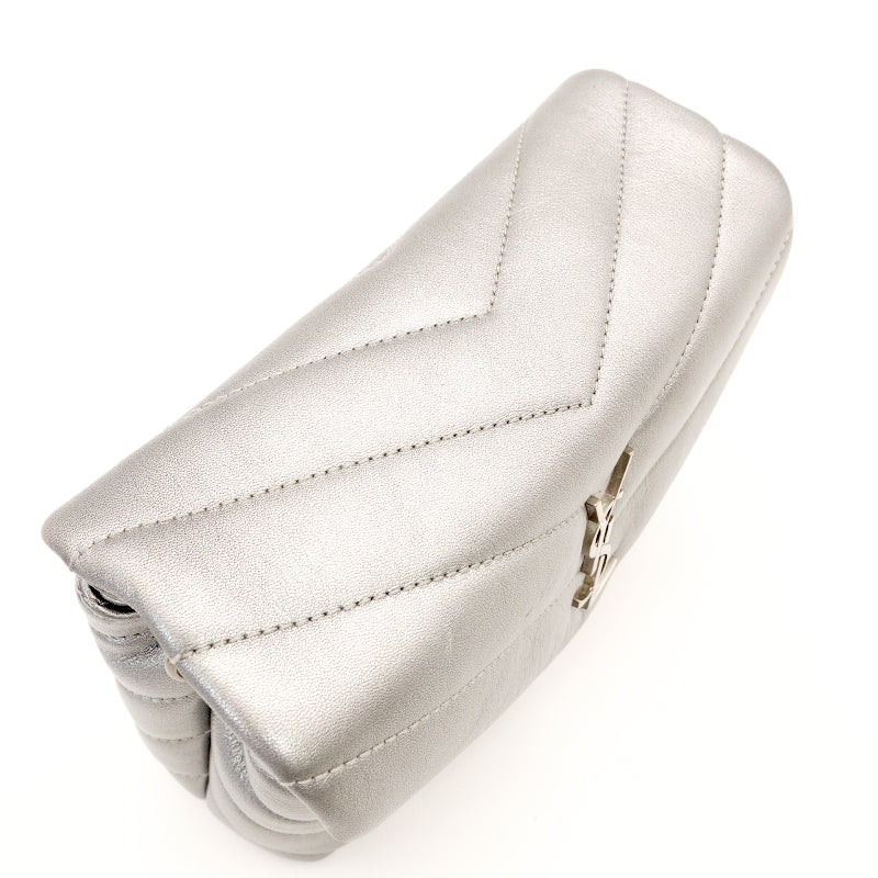 Saint Laurent Lulu Shoulder Bag Silver Leather YSL Logo With Box 7-8-381