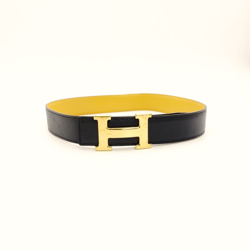 HERMES Belt Reversible Navy × Yellow Leather Size 65 Gold Hardware 7-8-420