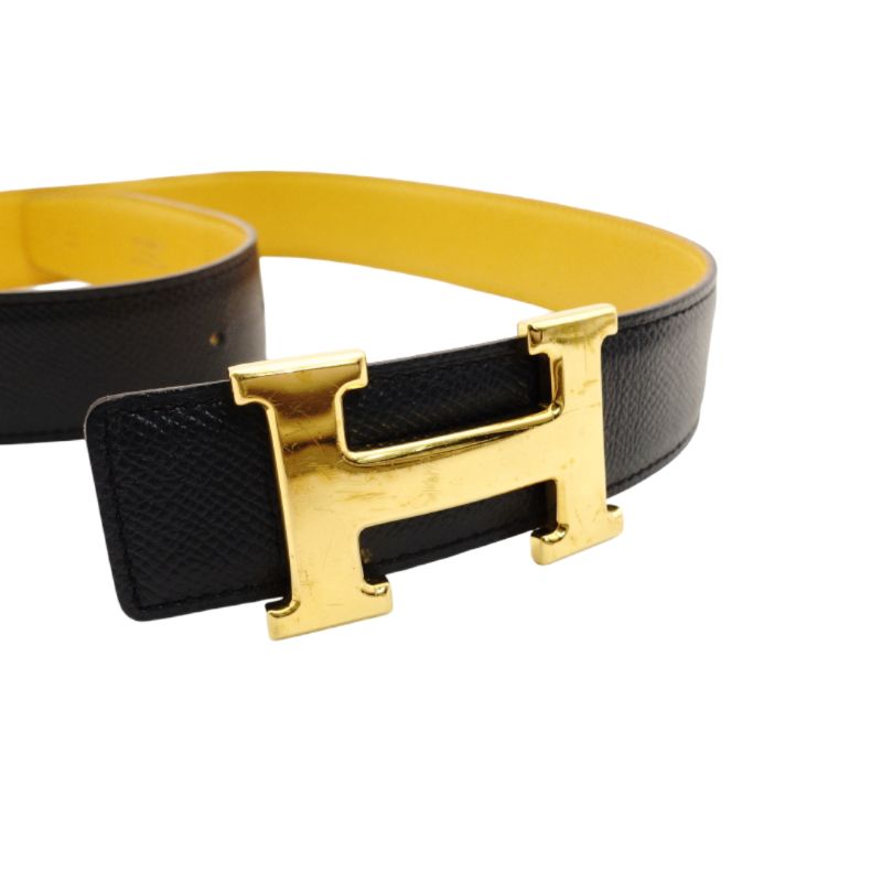 HERMES Belt Reversible Navy × Yellow Leather Size 65 Gold Hardware 7-8-420