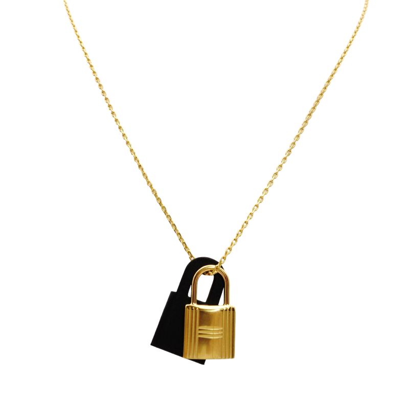 Hermes O'Kelly PM Necklace Gold × Black Leather Black 7-8-569