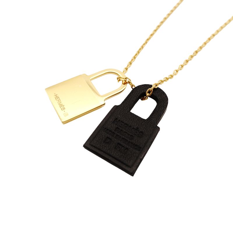 Hermes O'Kelly PM Necklace Gold × Black Leather Black 7-8-569