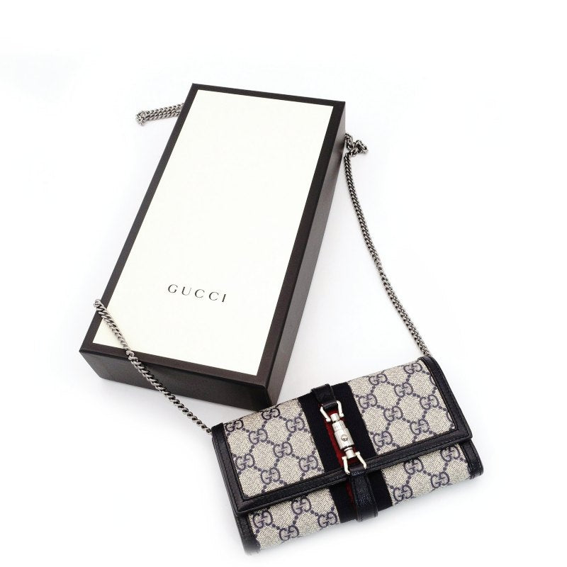 GUCCI Jackie 1961 Chain Wallet Shoulder Bag Crossbody Beige × Navy PVC 7-8-587