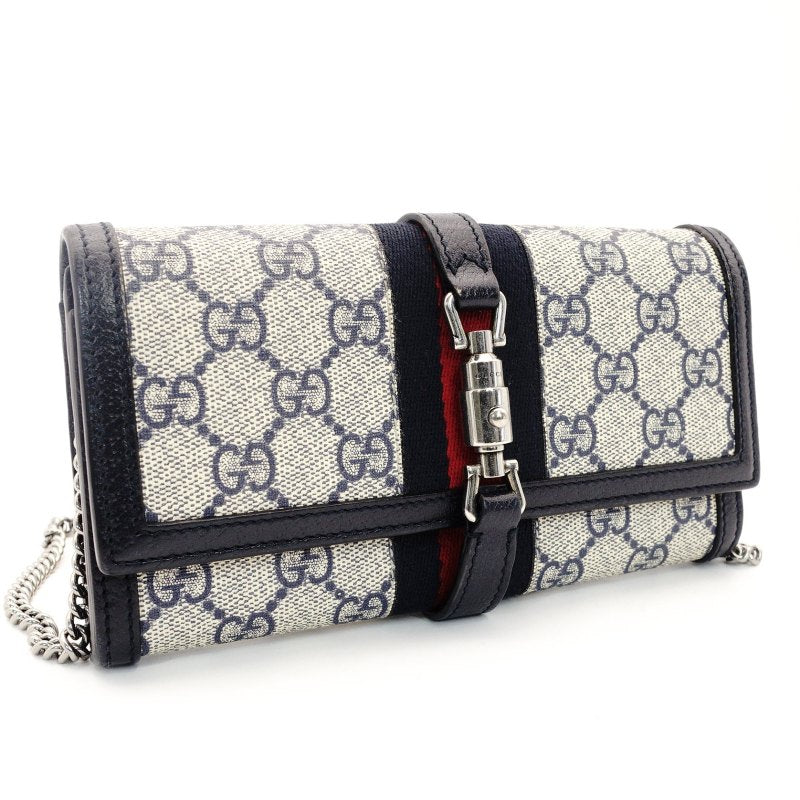 GUCCI Jackie 1961 Chain Wallet Shoulder Bag Crossbody Beige × Navy PVC 7-8-587