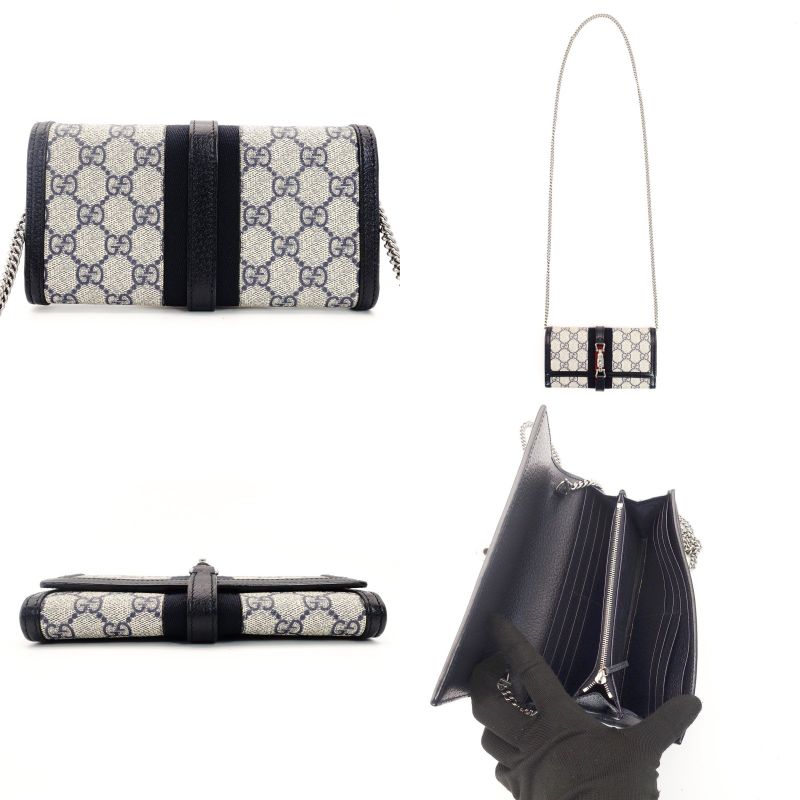 GUCCI Jackie 1961 Chain Wallet Shoulder Bag Crossbody Beige × Navy PVC 7-8-587