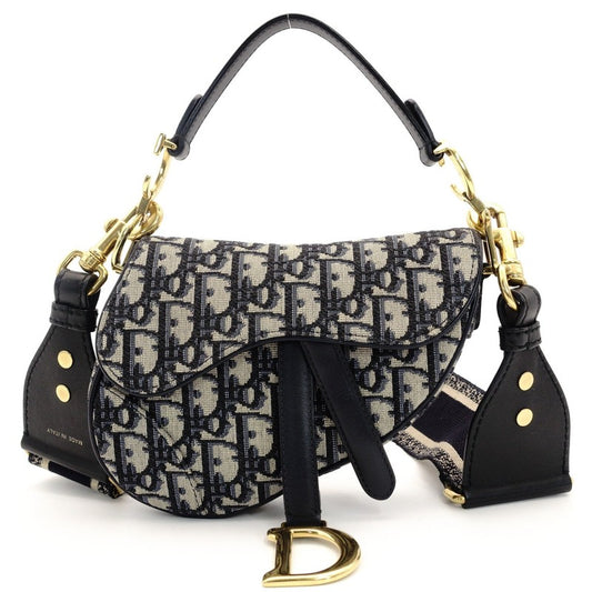 DIOR Oblique Saddle Bag Navy × Beige 2-Way Shoulder Bag Canvas Crossbody 7-8-590