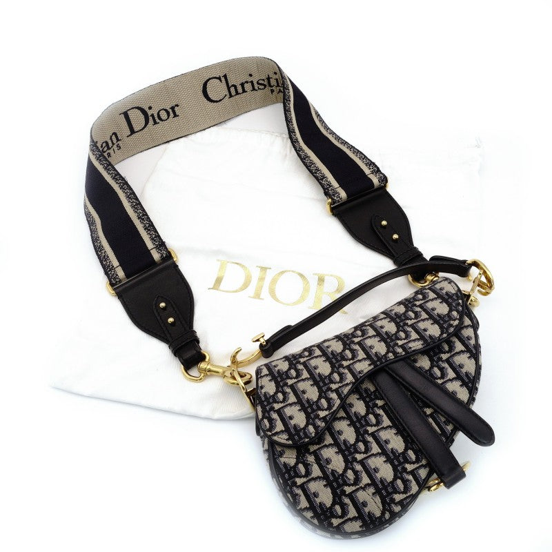 DIOR Oblique Saddle Bag Navy × Beige 2-Way Shoulder Bag Canvas Crossbody 7-8-590