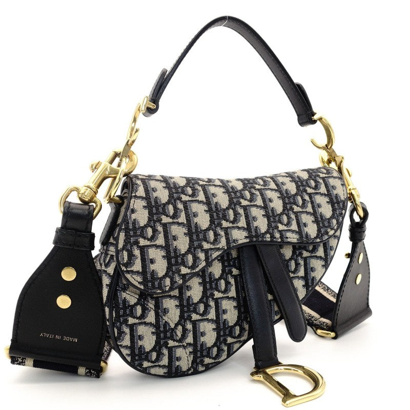 DIOR Oblique Saddle Bag Navy × Beige 2-Way Shoulder Bag Canvas Crossbody 7-8-590