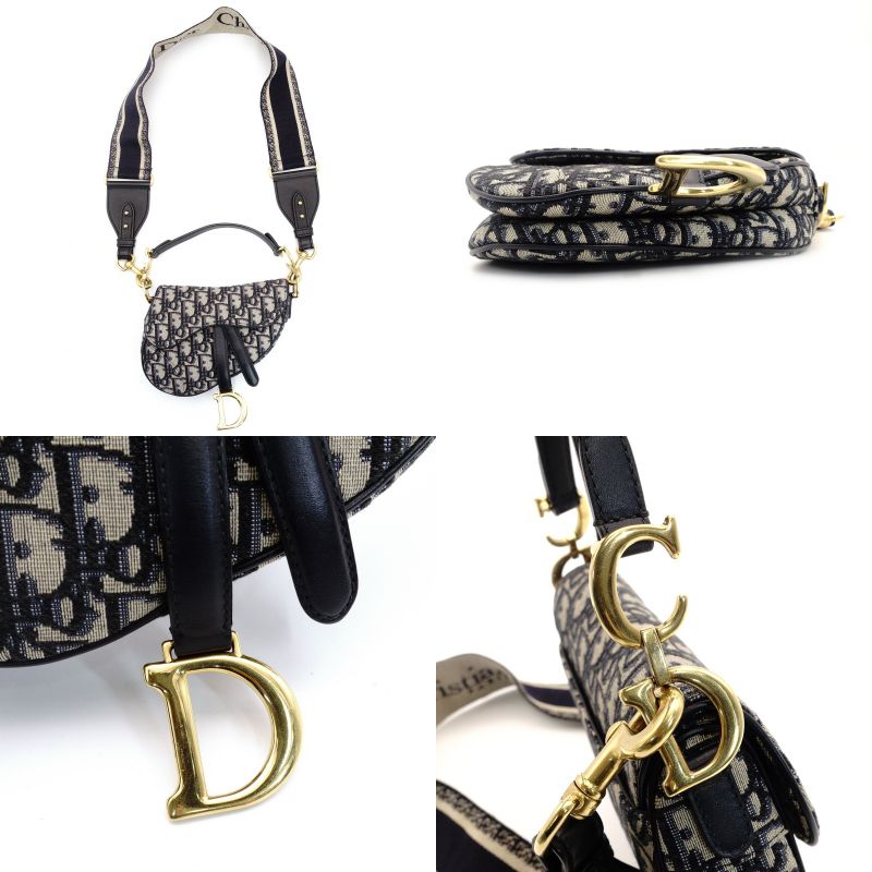 DIOR Oblique Saddle Bag Navy × Beige 2-Way Shoulder Bag Canvas Crossbody 7-8-590