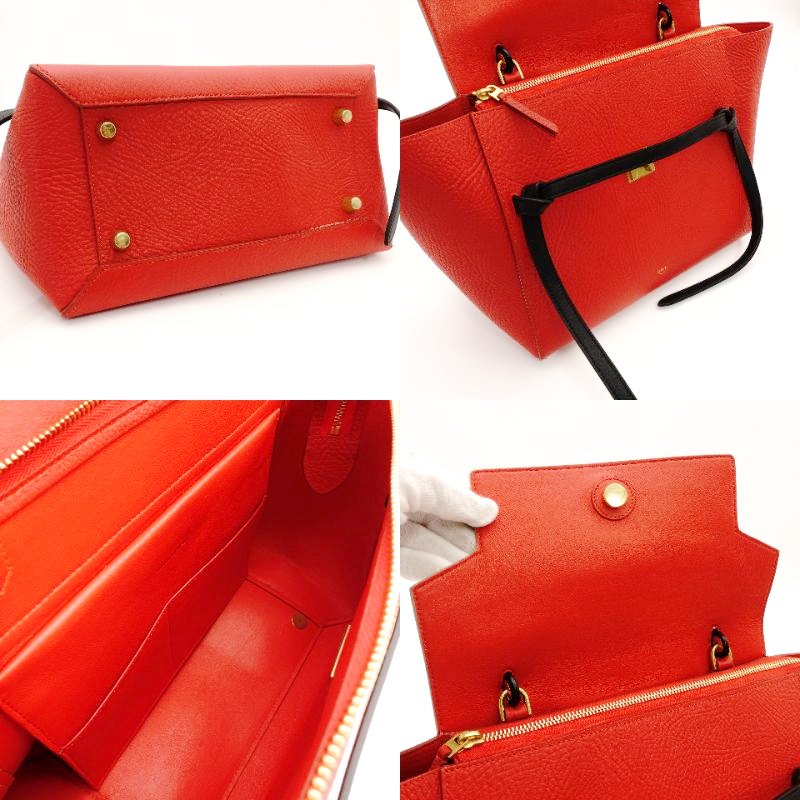 Celine Belt Bag Handbag Red × Beige 2-Way Leather Shoulder Bag 7-8-594