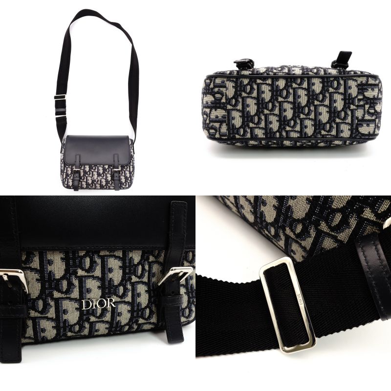 DIOR Kids Messenger Oblique Shoulder Bag Navy Canvas Leather Crossbody 7-8-662