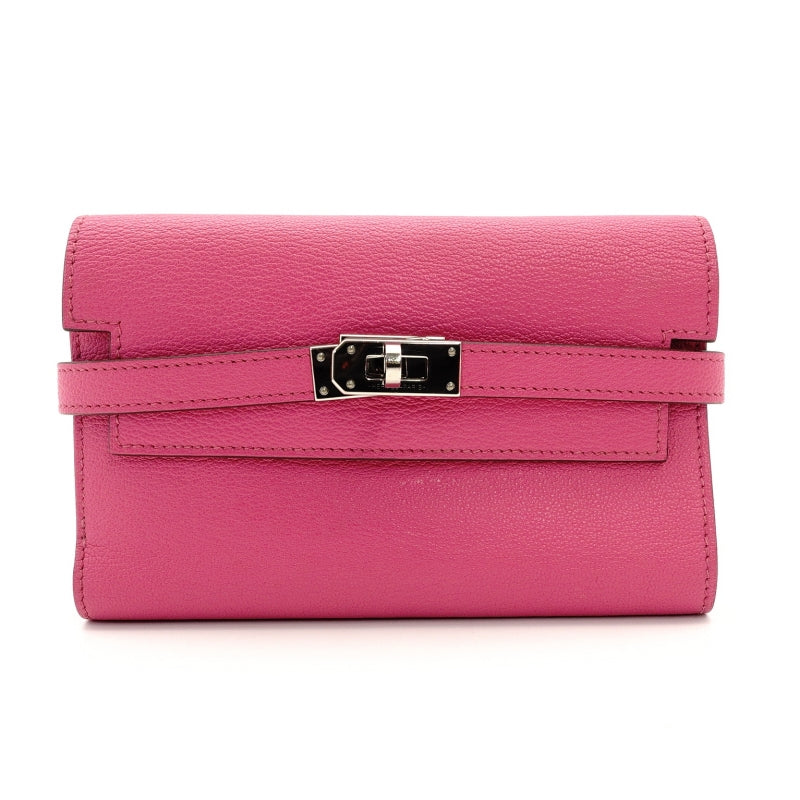 HERMES Kelly Wallet Medium Size Pink Leather Chèvre Silver Hardware D-Stamp 7-8-680