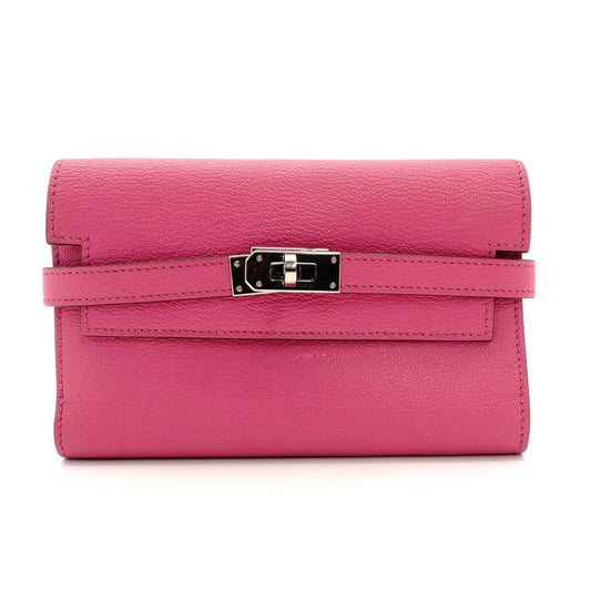 HERMES Kelly Wallet Medium Size Pink Leather Chèvre Silver Hardware D-Stamp 7-8-680