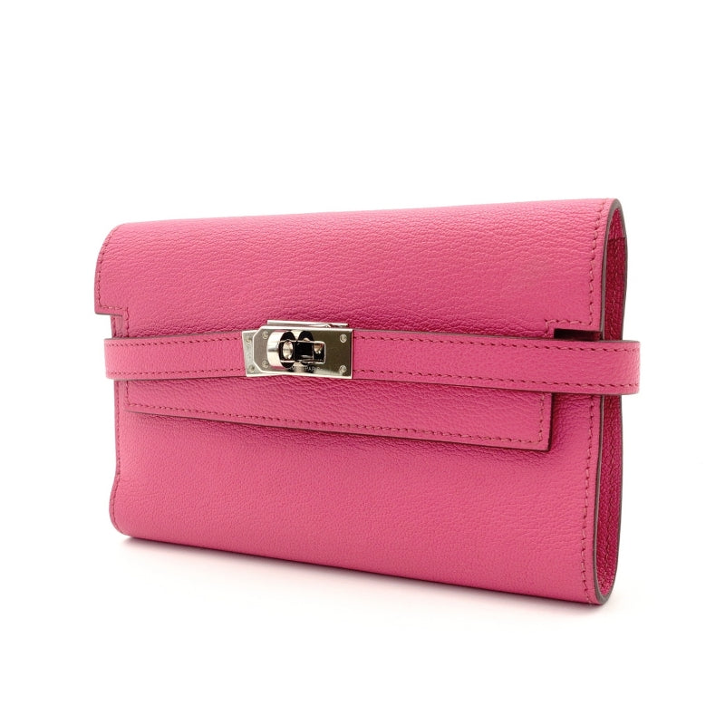 HERMES Kelly Wallet Medium Size Pink Leather Chèvre Silver Hardware D-Stamp 7-8-680