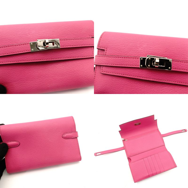 HERMES Kelly Wallet Medium Size Pink Leather Chèvre Silver Hardware D-Stamp 7-8-680