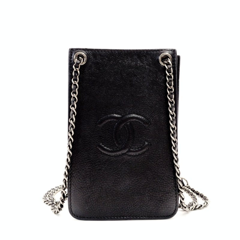 CHANEL Coco Mark Phone Holder Chain Shoulder Bag Black Leather Black CC Logo Silver Hardware 7-8-761
