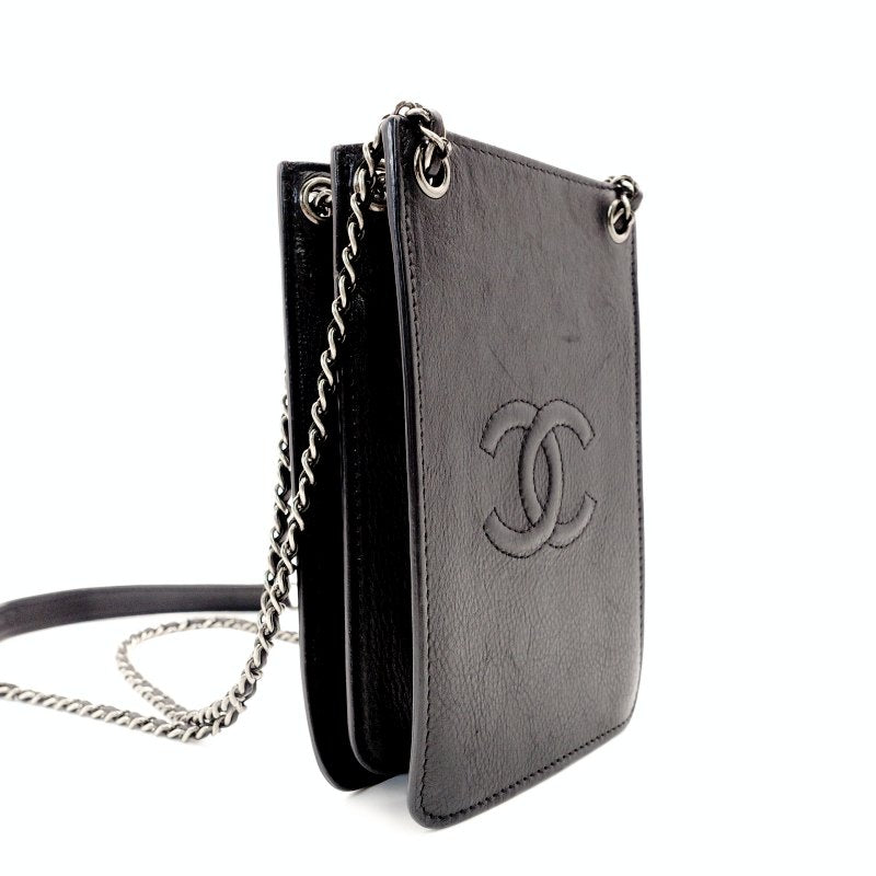 CHANEL Coco Mark Phone Holder Chain Shoulder Bag Black Leather Black CC Logo Silver Hardware 7-8-761