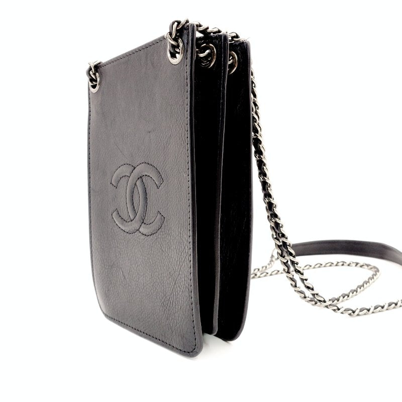 CHANEL Coco Mark Phone Holder Chain Shoulder Bag Black Leather Black CC Logo Silver Hardware 7-8-761