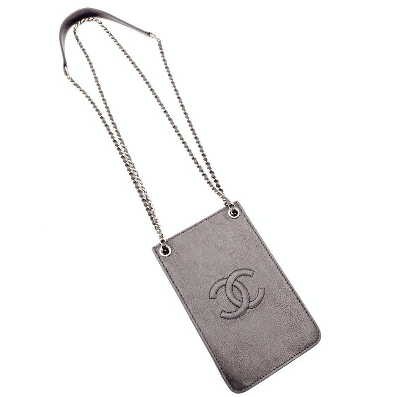 CHANEL Coco Mark Phone Holder Chain Shoulder Bag Black Leather Black CC Logo Silver Hardware 7-8-761