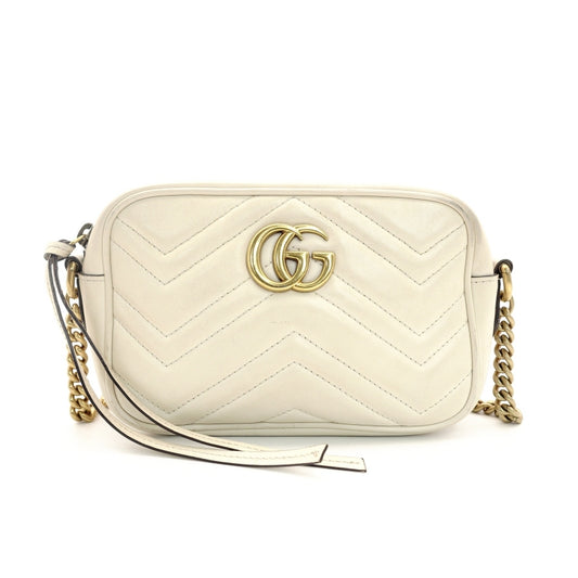 GUCCI GG Marmont Chain Shoulder Bag Off-White Leather Crossbody GG Logo 7-8-762