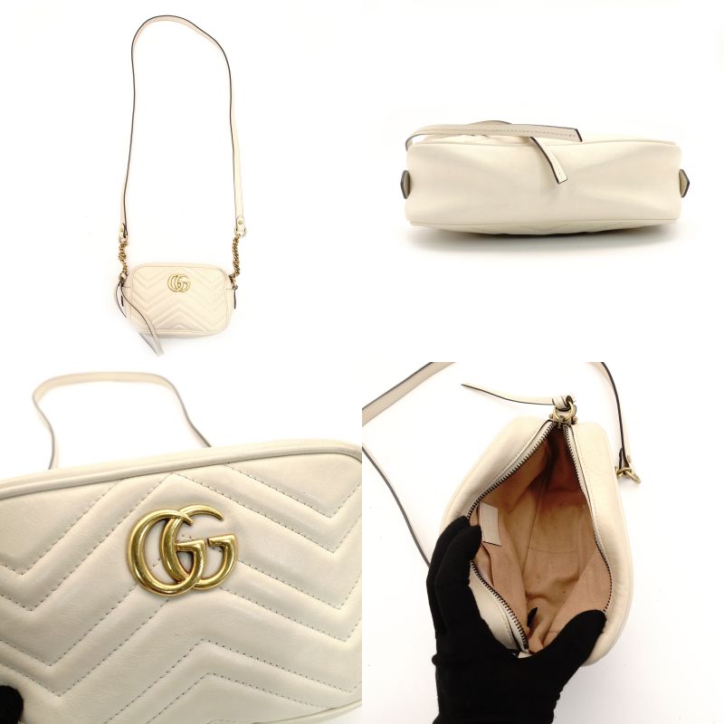 GUCCI GG Marmont Chain Shoulder Bag Off-White Leather Crossbody GG Logo 7-8-762