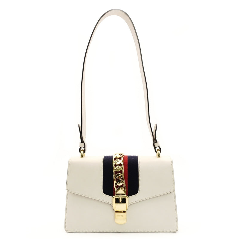 GUCCI Sylvie Shoulder Bag Sherry Line White Leather White Crossbody Gold Hardware 7-8-764