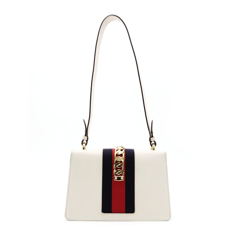 GUCCI Sylvie Shoulder Bag Sherry Line White Leather White Crossbody Gold Hardware 7-8-764