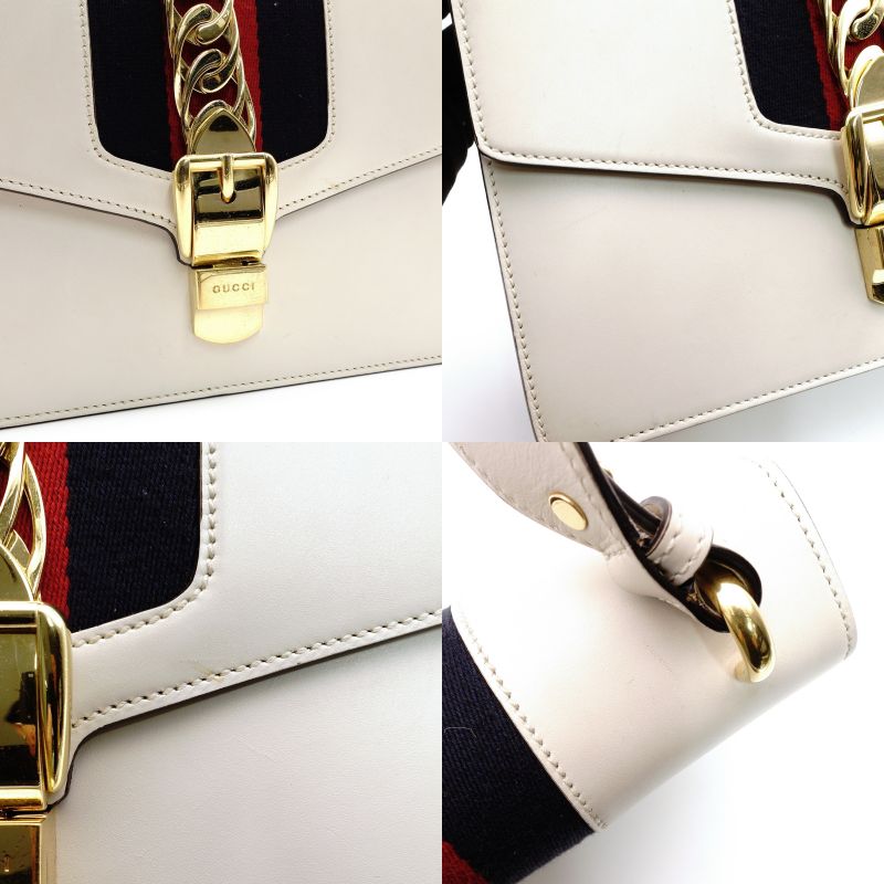 GUCCI Sylvie Shoulder Bag Sherry Line White Leather White Crossbody Gold Hardware 7-8-764