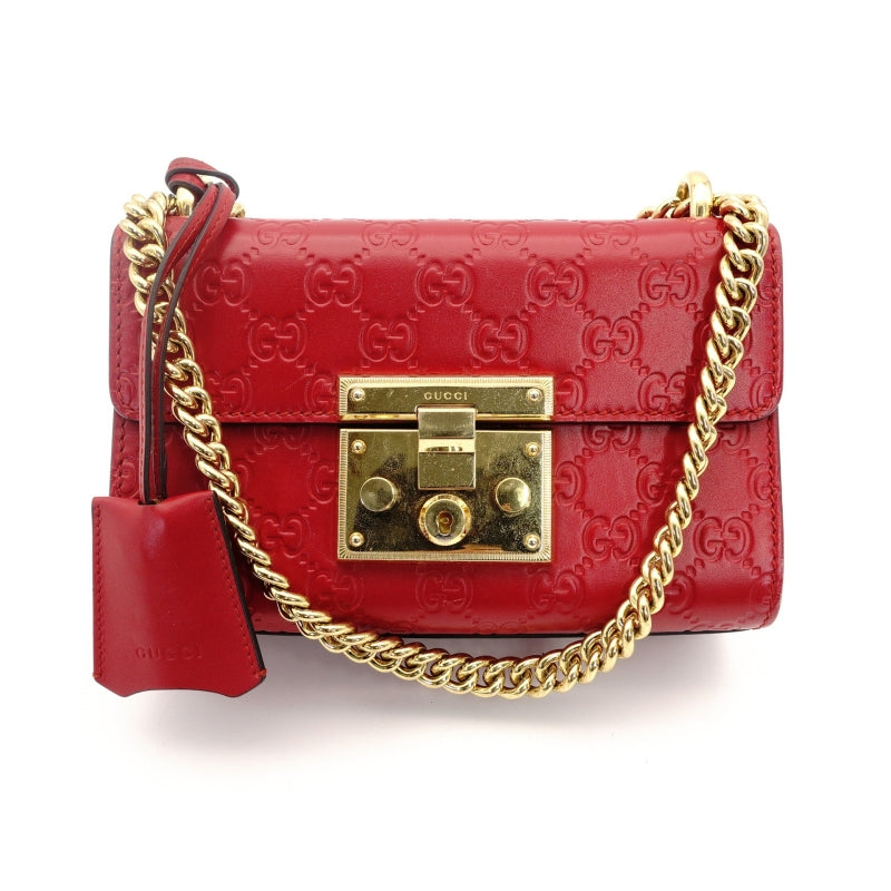 GUCCI Chain Shoulder Bag Red Leather Crossbody Gold Hardware 7-8-775