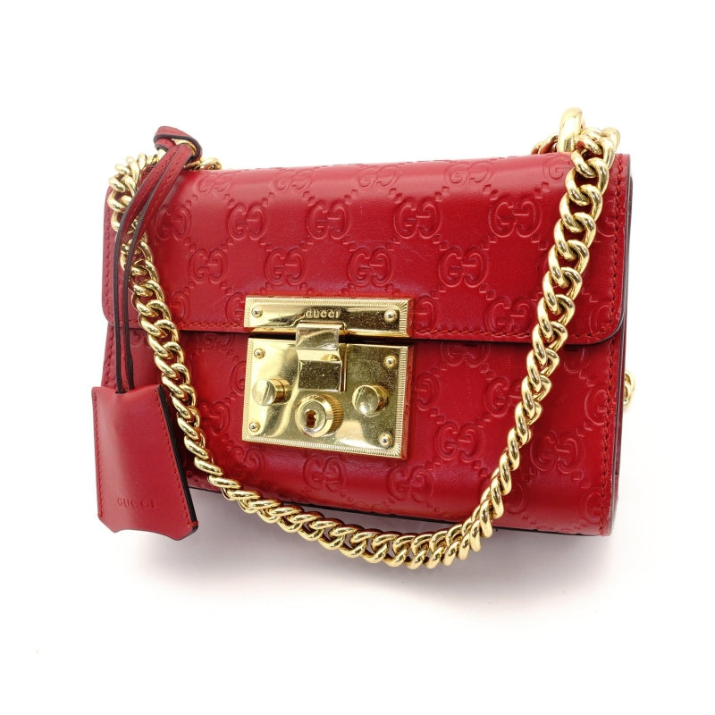 GUCCI Chain Shoulder Bag Red Leather Crossbody Gold Hardware 7-8-775