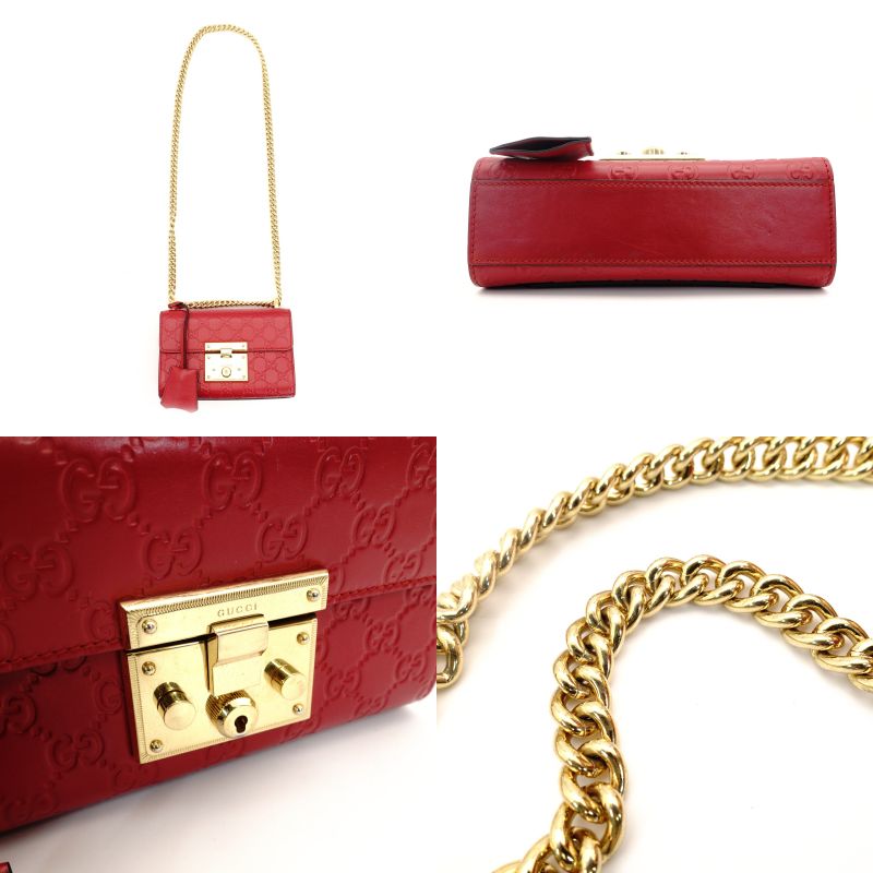 GUCCI Chain Shoulder Bag Red Leather Crossbody Gold Hardware 7-8-775
