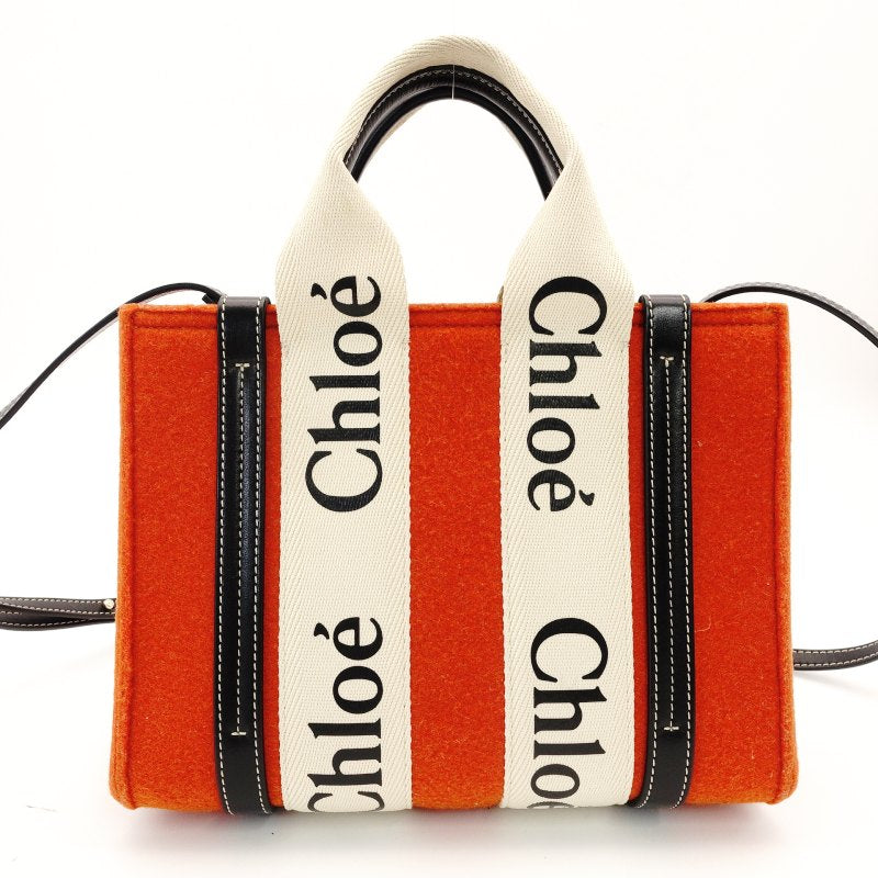 Chloe Woody Small Handbag 2-Way Orange Wool × Canvas Logo Crossbody 7-8-794