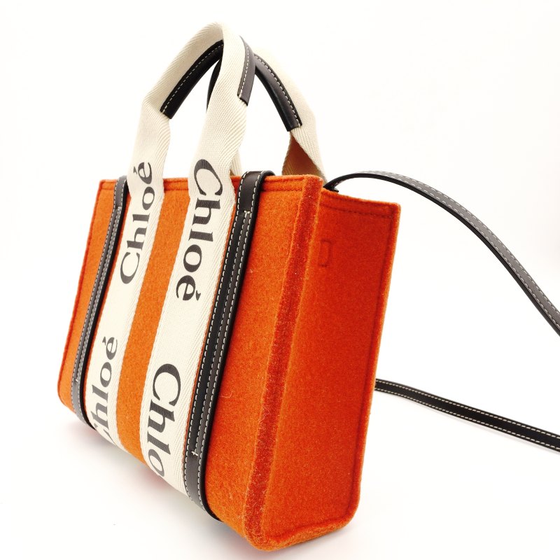 Chloe Woody Small Handbag 2-Way Orange Wool × Canvas Logo Crossbody 7-8-794
