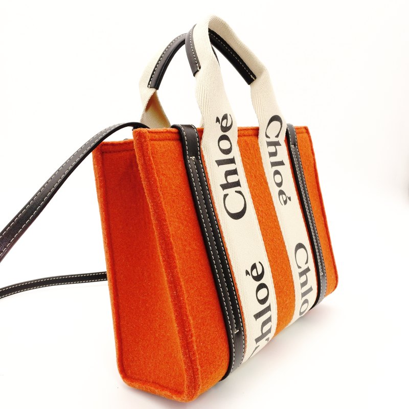 Chloe Woody Small Handbag 2-Way Orange Wool × Canvas Logo Crossbody 7-8-794