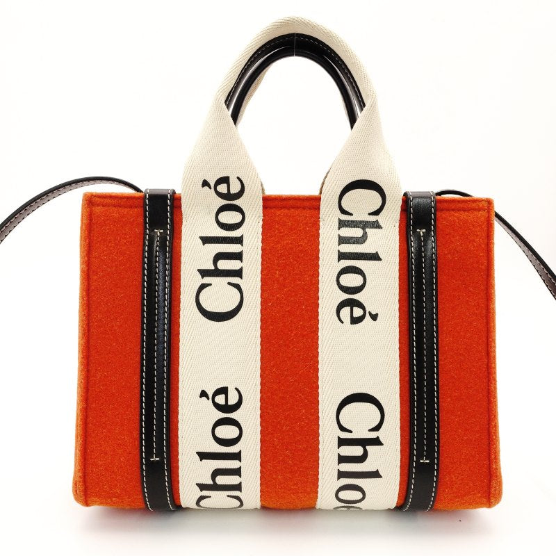 Chloe Woody Small Handbag 2-Way Orange Wool × Canvas Logo Crossbody 7-8-794