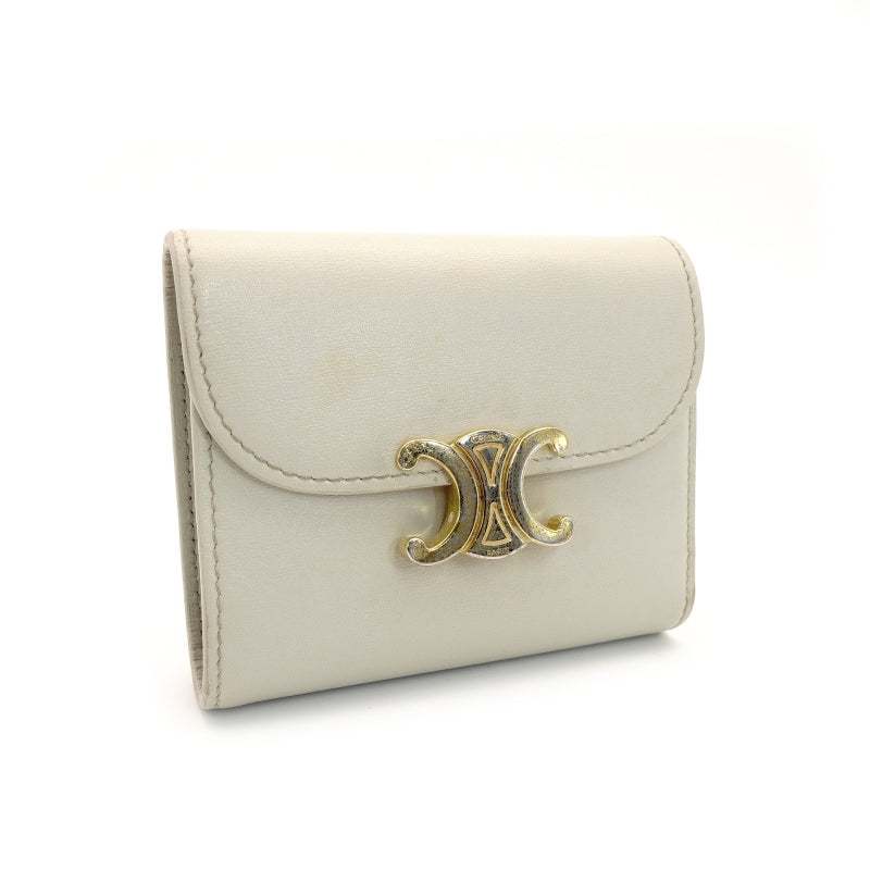 CELINE Triomphe Tri-Fold Wallet Leather Off-White Wallet Gold Hardware 7-9-134