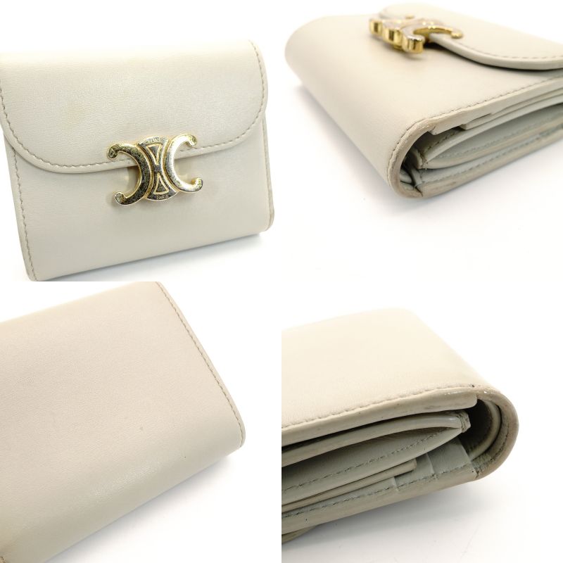 CELINE Triomphe Tri-Fold Wallet Leather Off-White Wallet Gold Hardware 7-9-134