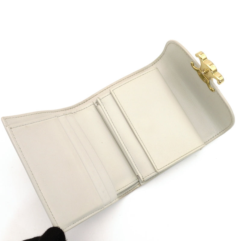 CELINE Triomphe Tri-Fold Wallet Leather Off-White Wallet Gold Hardware 7-9-134