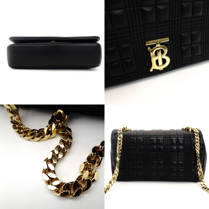 Burberry TB Logo Chain Shoulder Bag Black Leather Crossbody 7-9-377