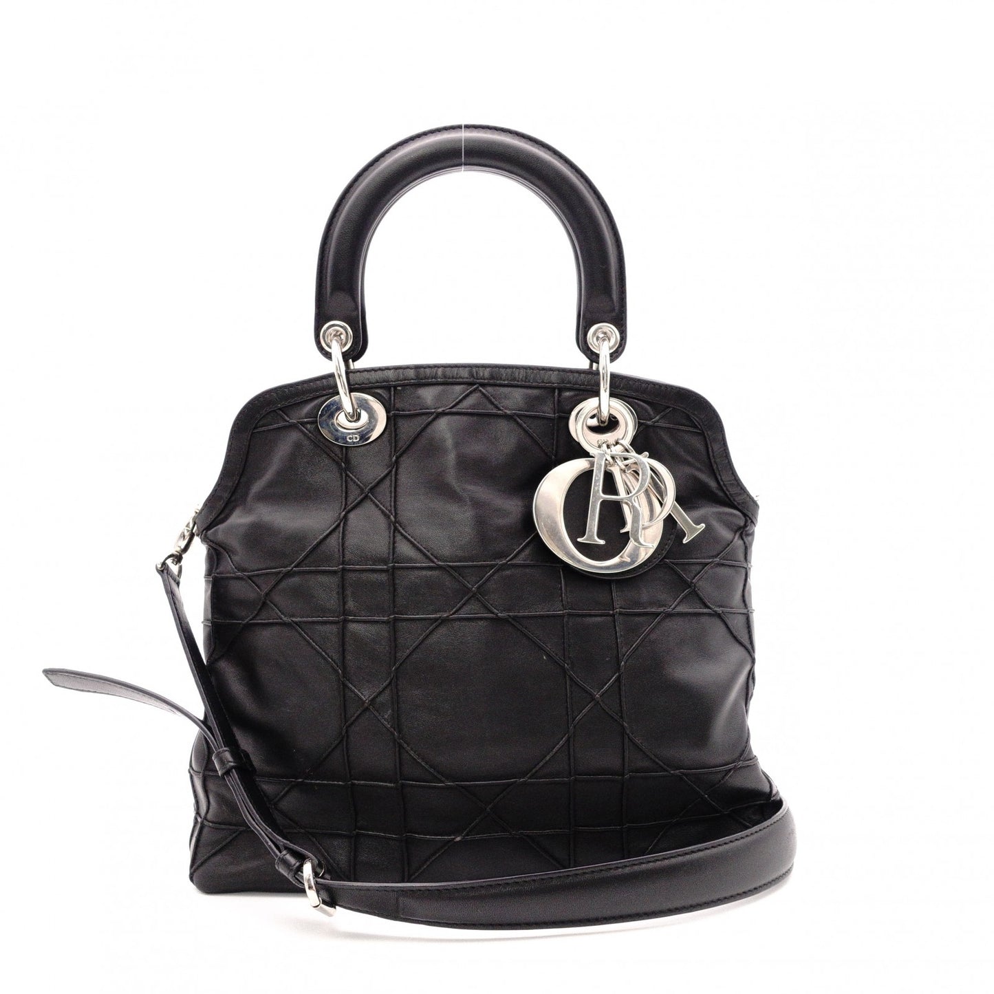 Christian Dior Granville Handbag, Leather, Black, 2-Way, Silver Hardware