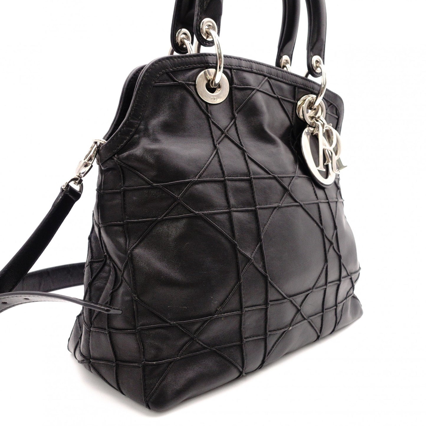 Christian Dior Granville Handbag, Leather, Black, 2-Way, Silver Hardware