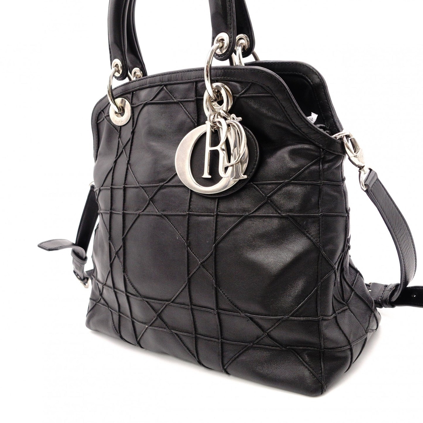 Christian Dior Granville Handbag, Leather, Black, 2-Way, Silver Hardware