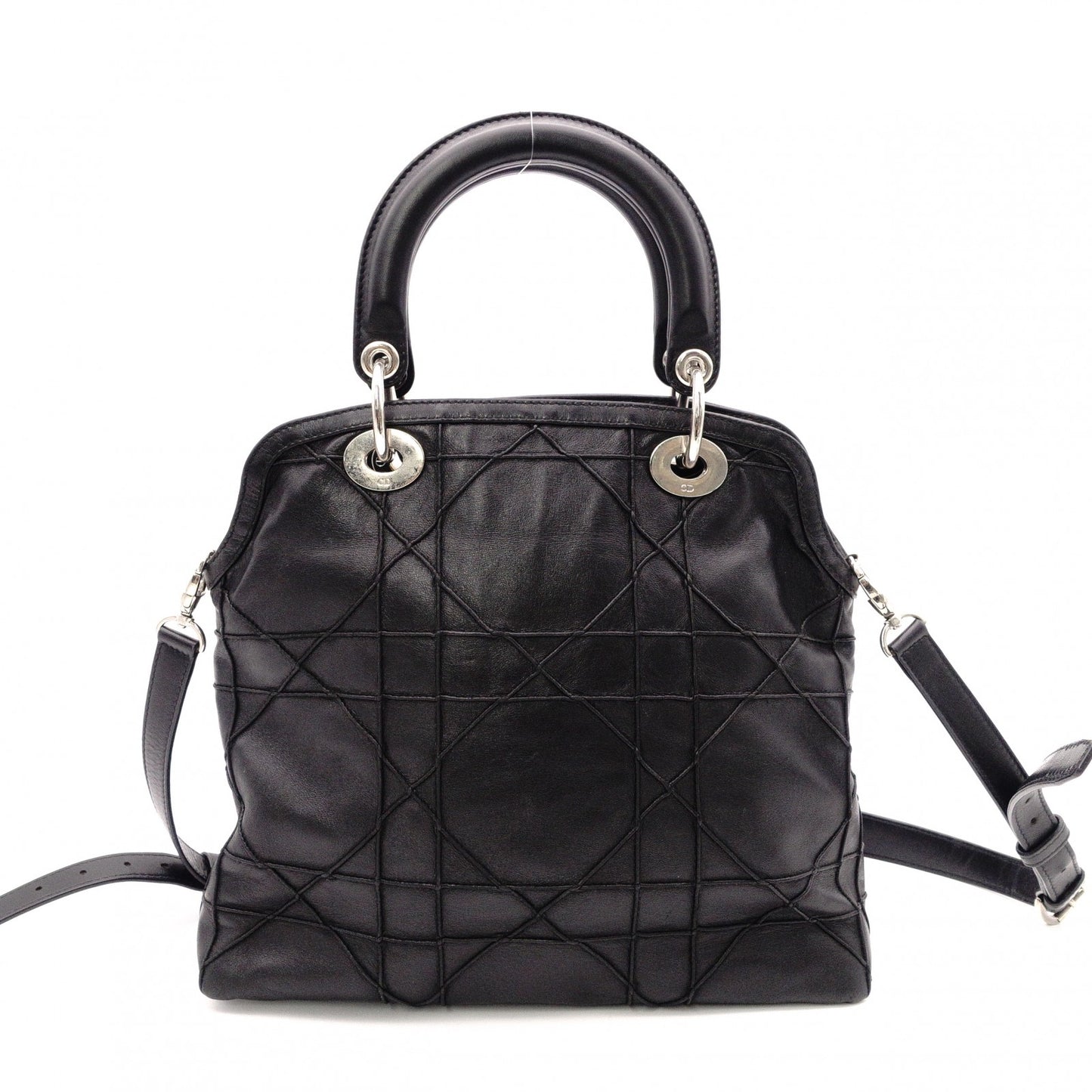 Christian Dior Granville Handbag, Leather, Black, 2-Way, Silver Hardware