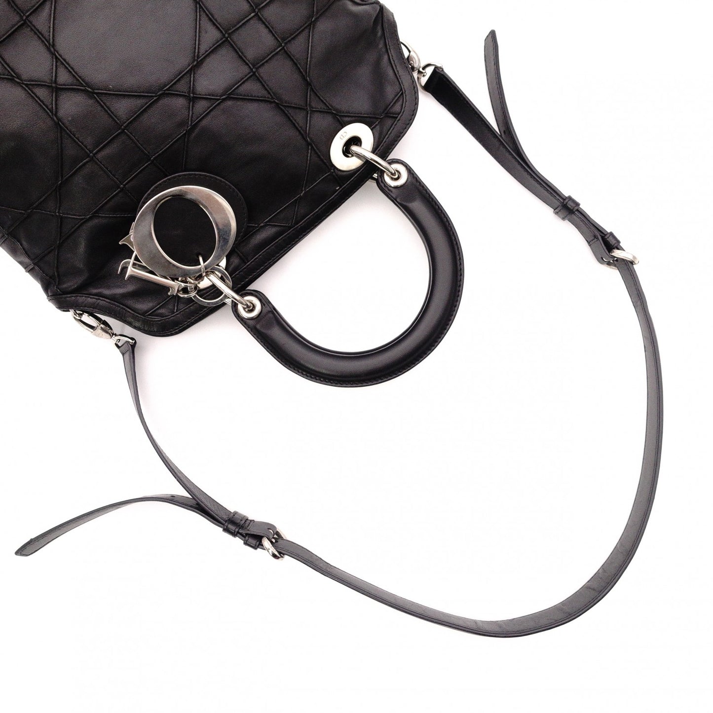 Christian Dior Granville Handbag, Leather, Black, 2-Way, Silver Hardware