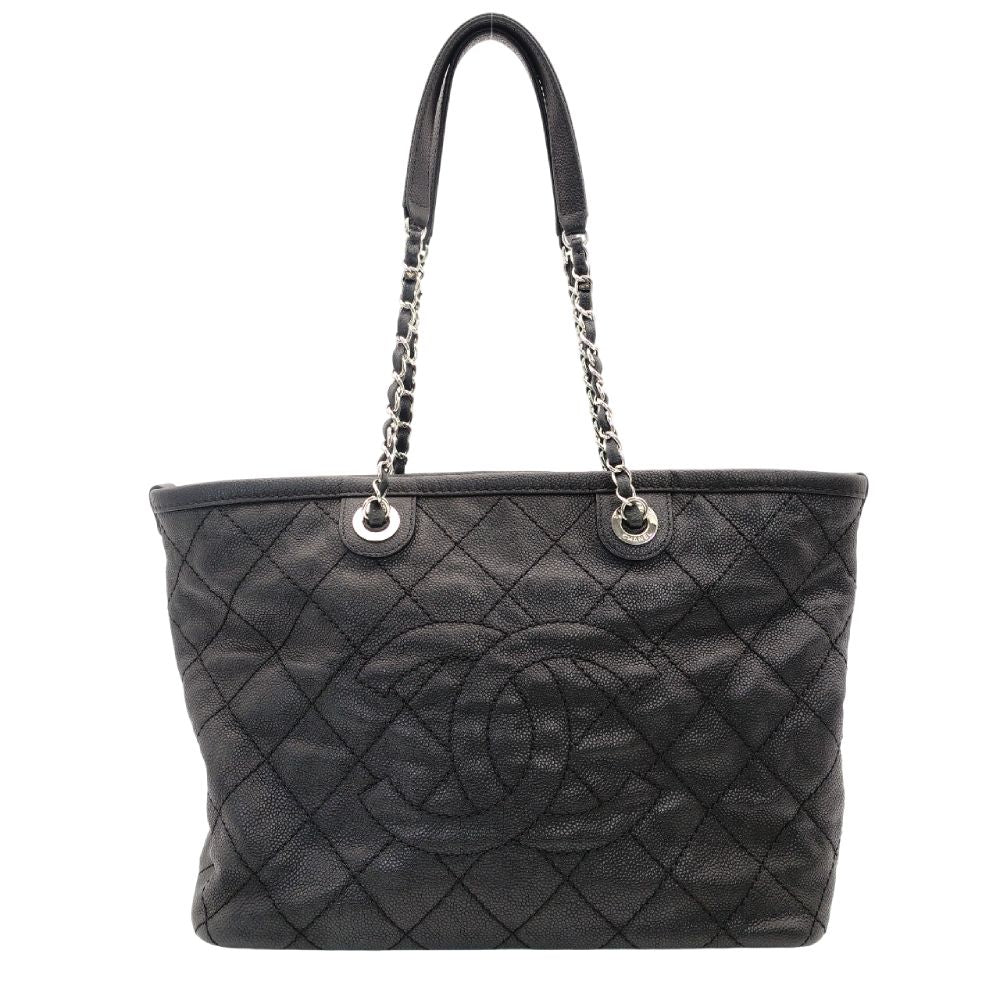 CHANEL Matelassé Coco Mark Caviar Skin Tote Bag Black Silver Hardware Shoulder 7-10-684