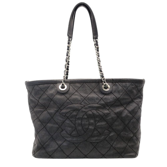 CHANEL Matelassé Coco Mark Caviar Skin Tote Bag Black Silver Hardware Shoulder 7-10-684