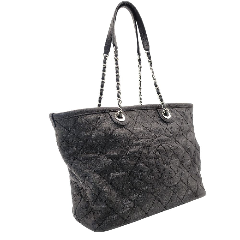 CHANEL Matelassé Coco Mark Caviar Skin Tote Bag Black Silver Hardware Shoulder 7-10-684