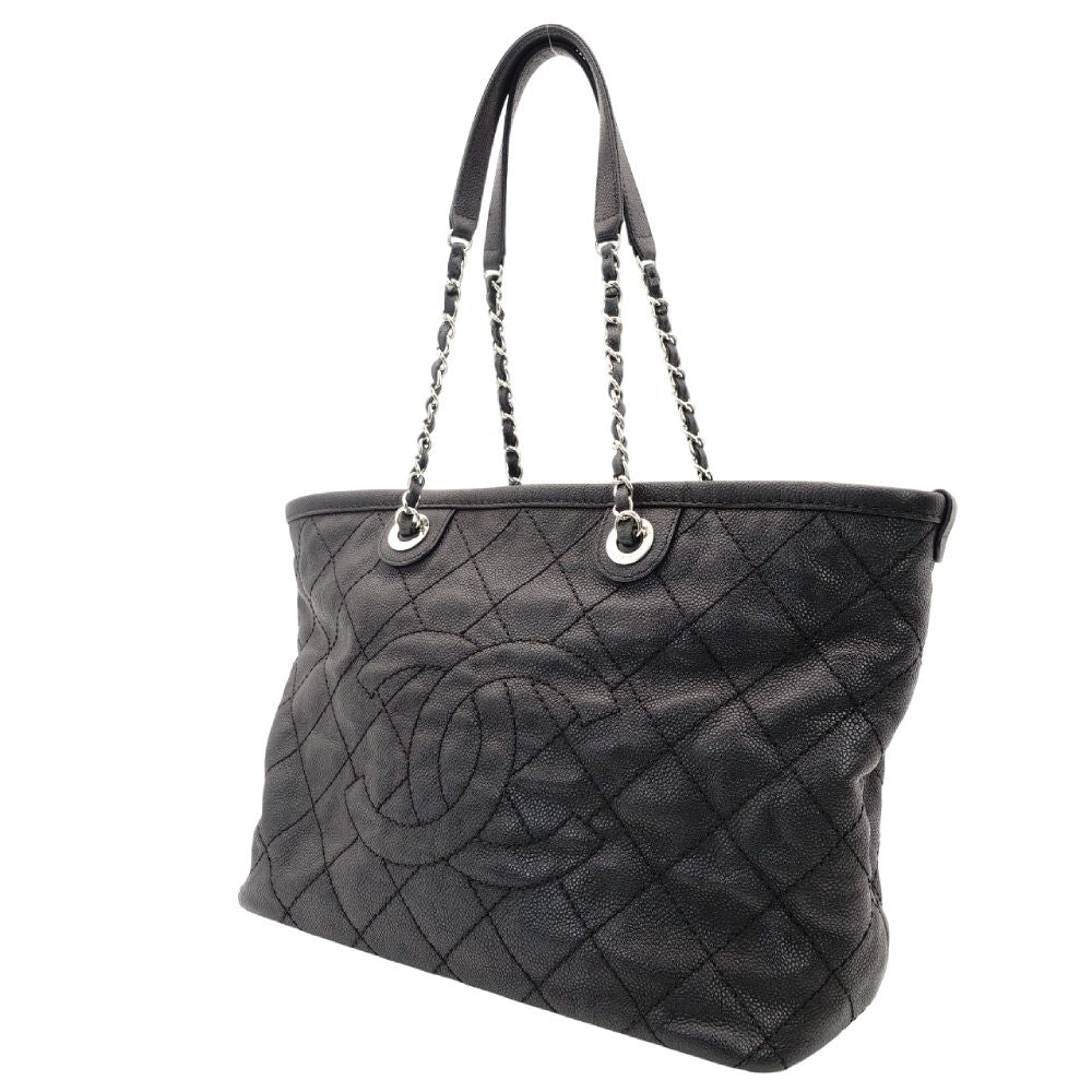 CHANEL Matelassé Coco Mark Caviar Skin Tote Bag Black Silver Hardware Shoulder 7-10-684