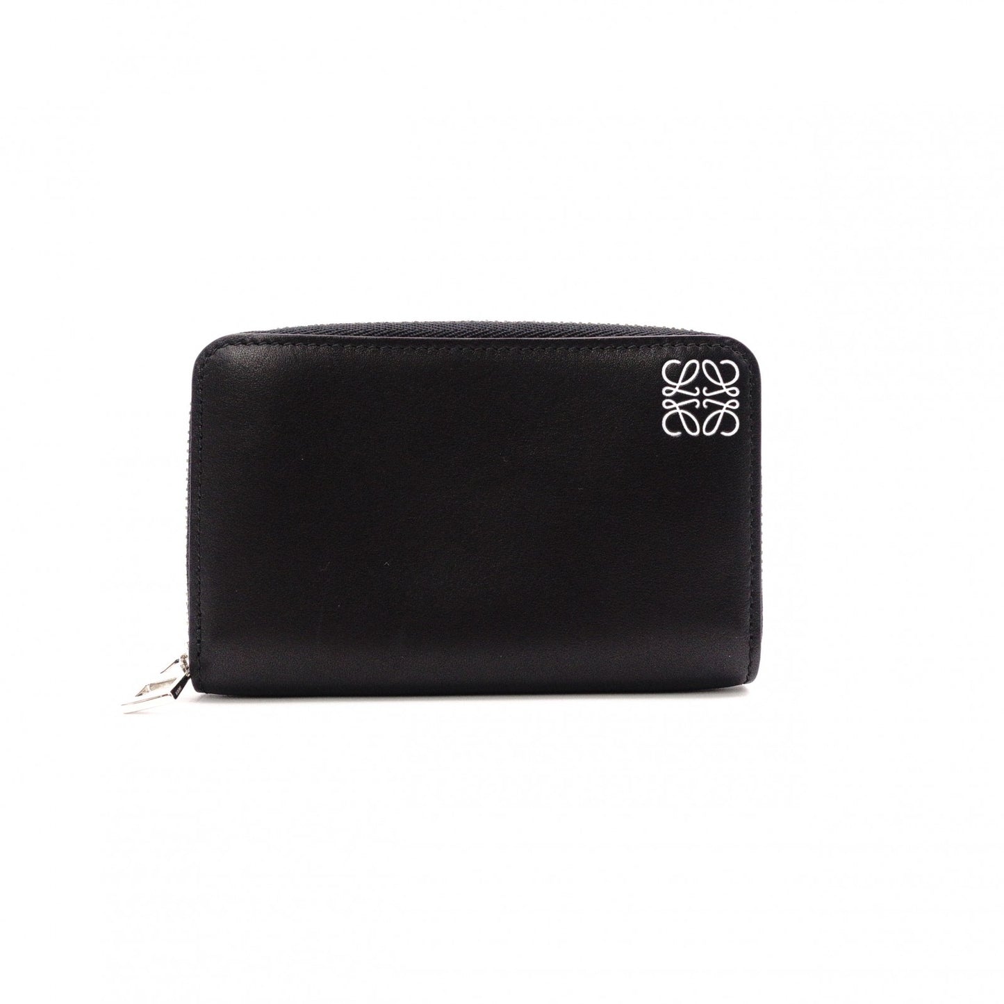 LOEWE Anagram Coin Purse, Leather, Black, White Logo, Silver Hardware