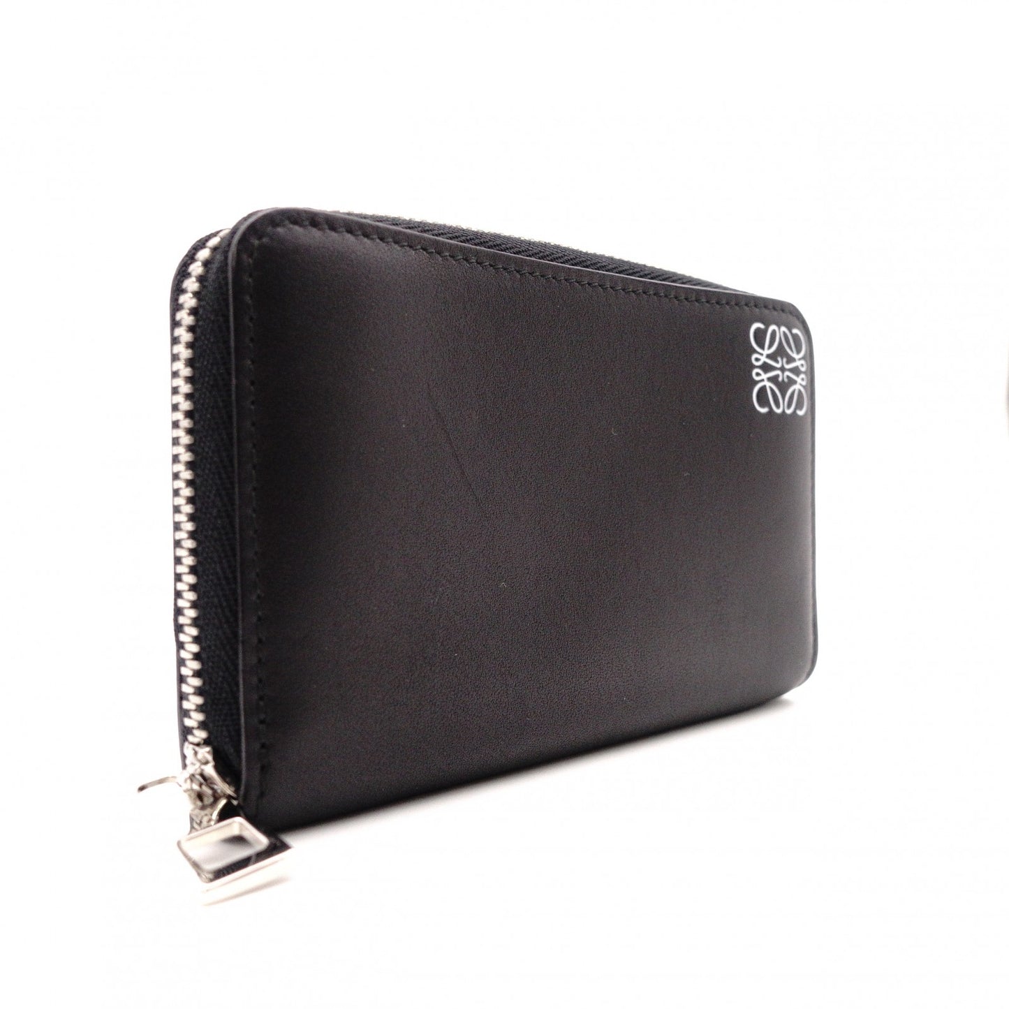 LOEWE Anagram Coin Purse, Leather, Black, White Logo, Silver Hardware